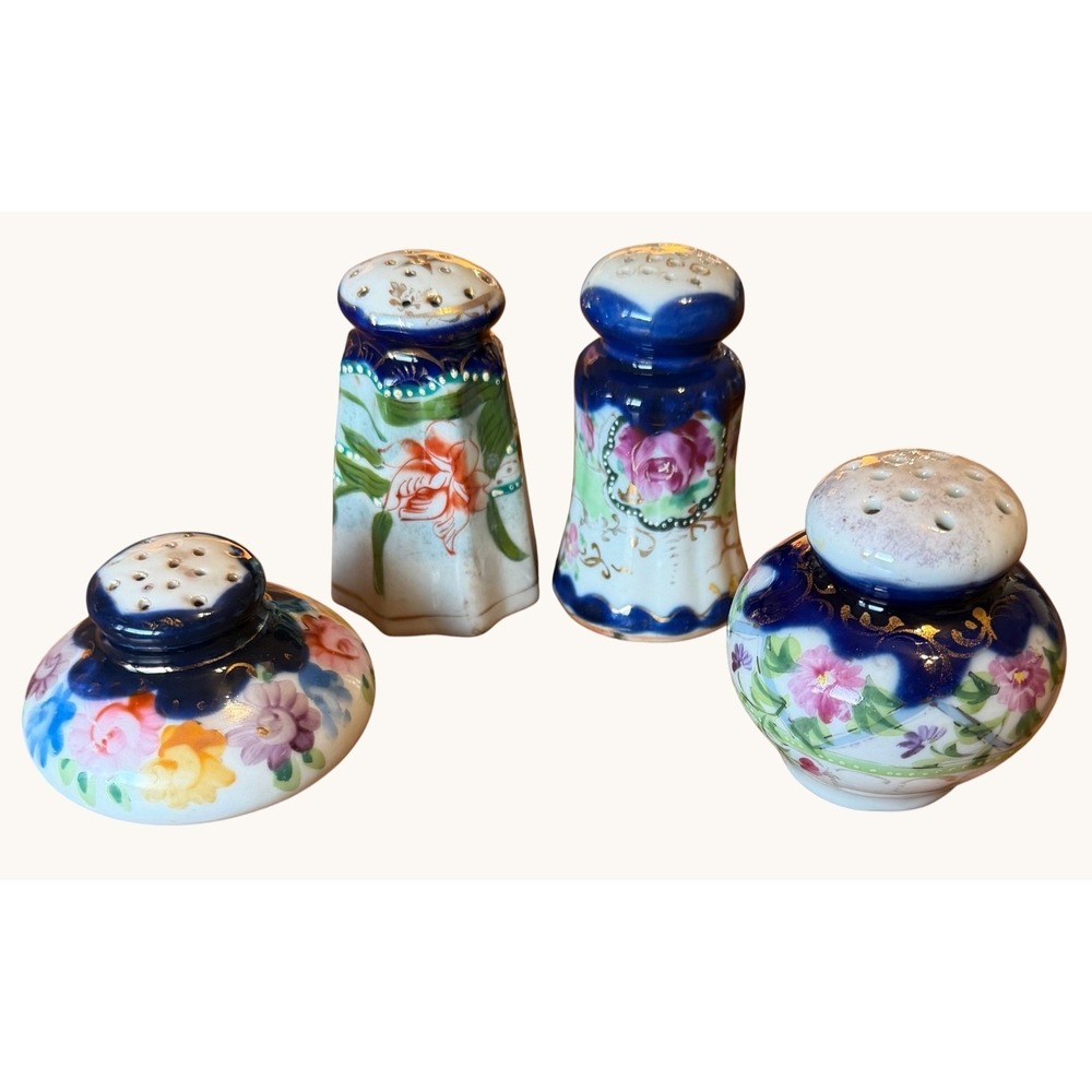Vintage Porcelain Salt/Pepper Shakers Lot of 4 Cobalt Blue Floral Mismatch